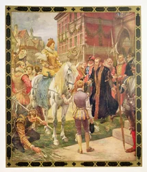 Dronning Elizabeth 1. (1530-1603) åbner Royal Exchange i 1570, illustration fra Hutchinsons »Story of the British Nation«